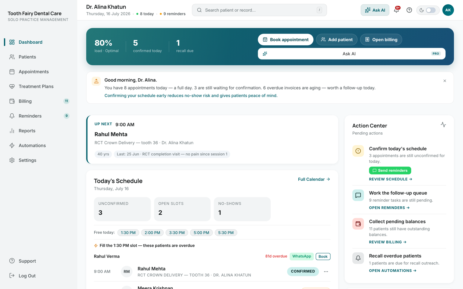 DentOS dashboard showing today's schedule, pending actions and clinic stats